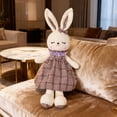 thumbnail image 5 of Novelty Plush Toy Gift Doll, Cute Rabbit Stuffed Animal With Closed Eyes, Long Ears, Checkered Dress & Bow, Unmarked Soft Plush Fabric, Perfect For Children's Play, Bedroom Decor,, 5 of 5