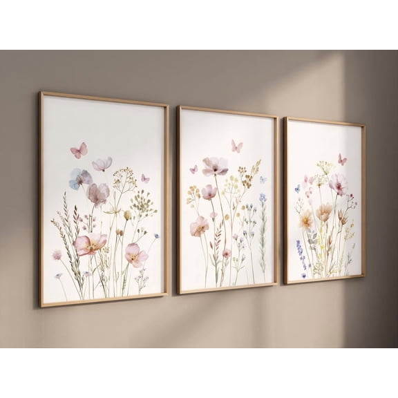 UNFFRAMED Wildflower Wall Art Set Of 3, Botanical Flower Prints In Soft Pastels, Neutral Floral Wall Decor For Bedroom, Nursery Or Living Room #218 Set 3 Prints 8x12