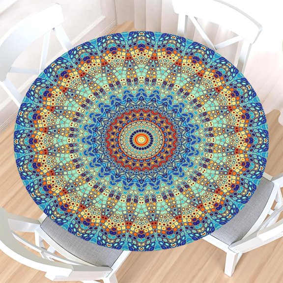 Boho Round Fitted Tablecloth with Elastic Edge,Water&Stain-Resistant Picnic Bohemian Table Cover for 48"-52" Found Tables Reusable Colorful Mandala Table Cloth for Dinner,Outdoor,Patio,Camping