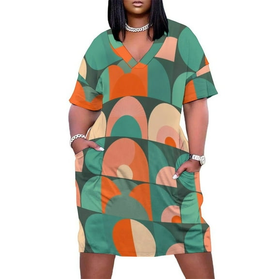 Geometric Midcentury Pattern Loose Pocket Dress Party Dresses for Women Elegant Chic Women Dresses