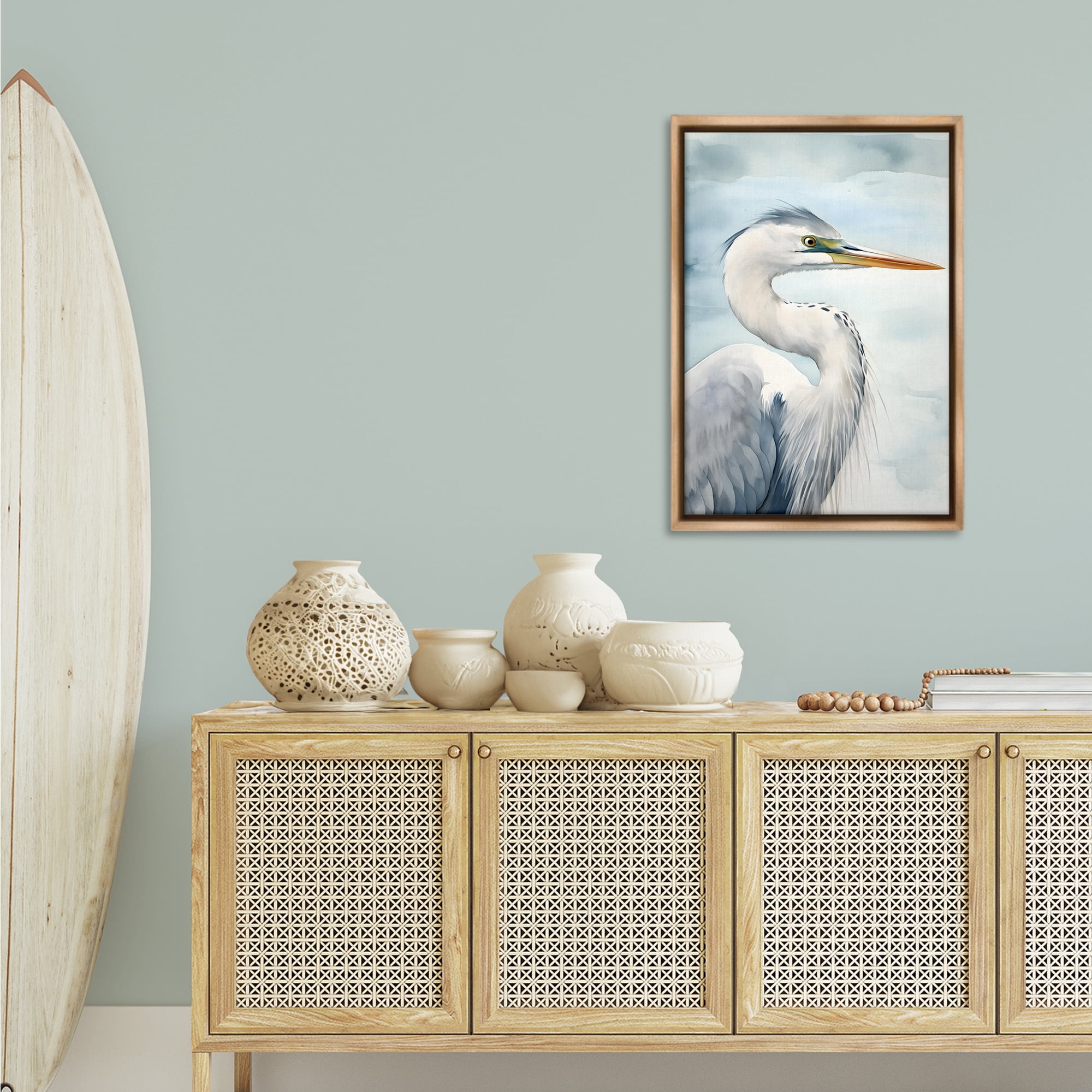 Stupell Industries Serene Beach Bird Animals & Insects Painting Brown Floater Framed Canvas Art Print Wall Art, 21 x 31