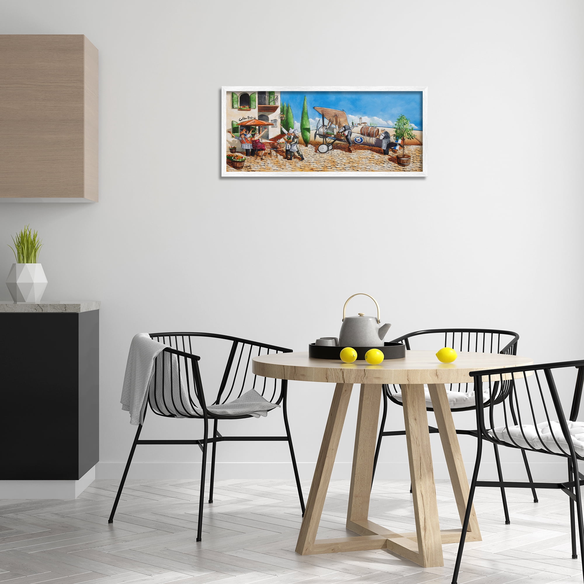 Stupell Industries Café & Airplane Scene Scenery Painting White Framed Art Print Wall Art, 30 x 13