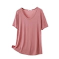 thumbnail image 3 of Plus Size Women's Solid Thin Crew Neck Short Sleeve Sleep T-Shirt, Soft Elastic Basic Layering Blouse, Casual All Season Daily Indoor Home Loungewear | TruHer,Rose Gold 3XL, 3 of 6