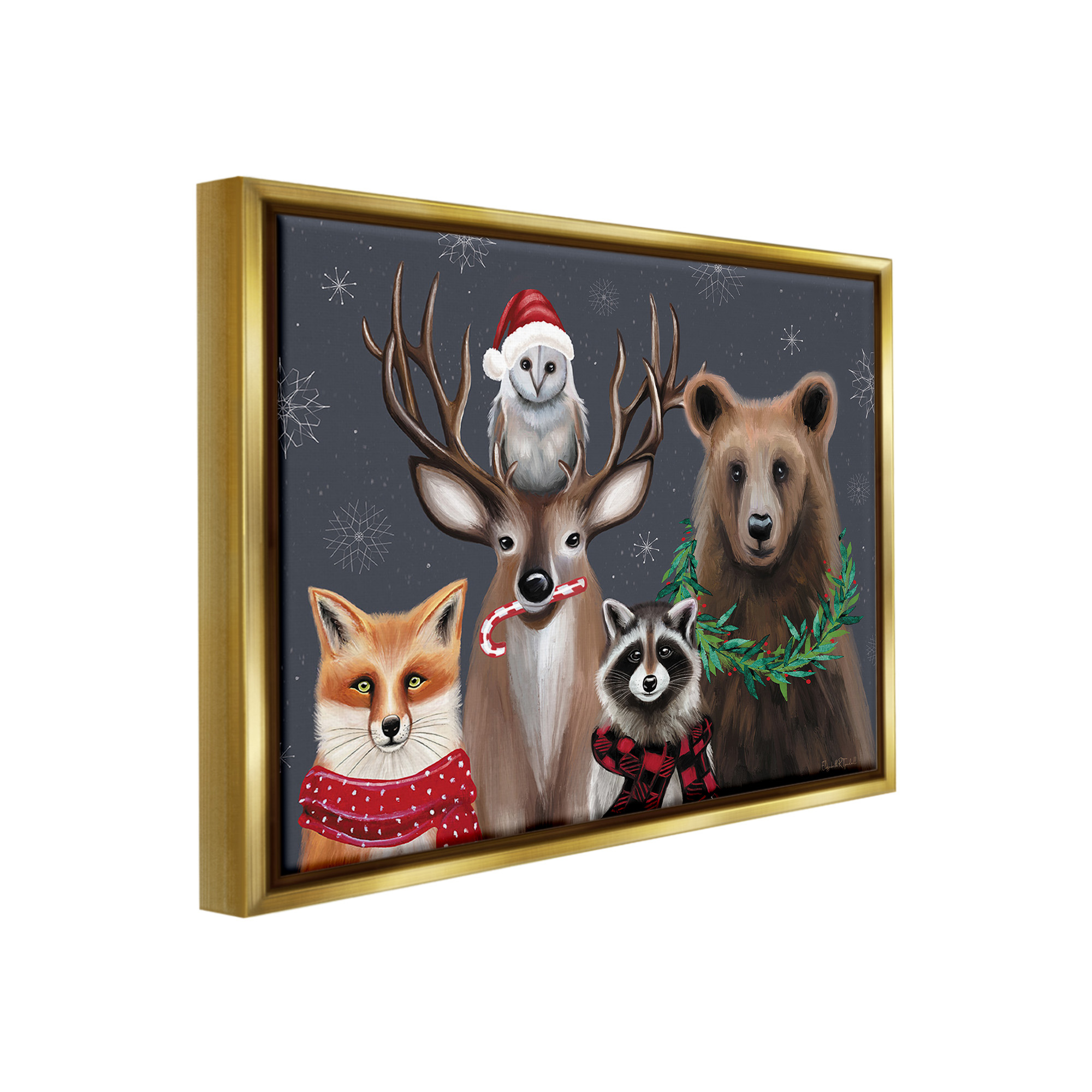 Stupell Industries Winter Woodland Animals Holiday Painting Gold Floater Framed Canvas Art Print Wall Art, 31 x 25