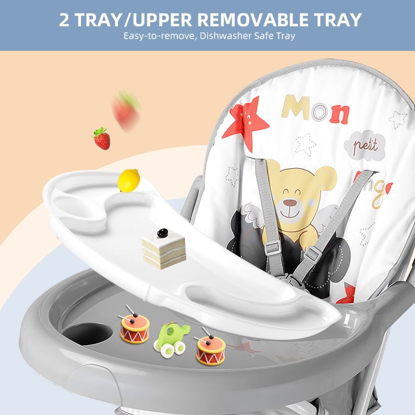 LIVINGbasics Eat Grow Convertible Baby High Chair with 5 Point Safety Belt 2 Removable Tray Simple Fold Highchair