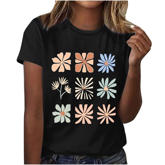 Njagoc3 Womens Pink Floral Print T-Shirt Feminine Flowers Round Neck Casual Tee S, M, L, XL, XXL, XXXL