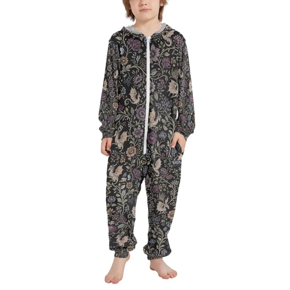 FORMRS Kids One-Piece Pajamas Hooded Long Sleeve Union Suit Soft Onesie Sleepwear, Sizes 4T-14Y, Floral Dragon Pattern