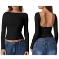 thumbnail image 2 of Camisa de Larga con Cuello Redondo para Mujer, Básica, con Doble Forro y Fruncido Lateral, para Salir Negro XL, 2 of 7