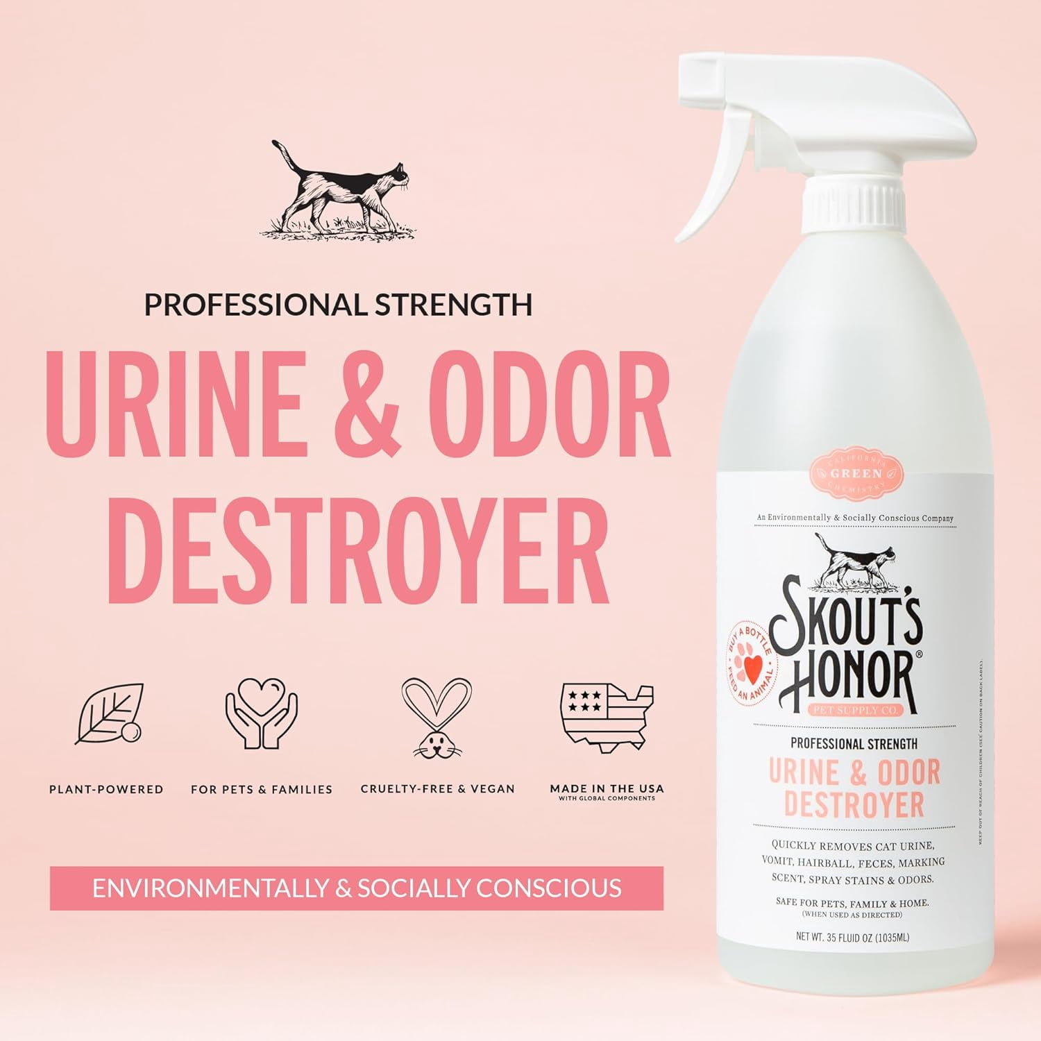 Cat Urine & Odor Destroyer - Professional Strength, Plant-Powered, Cruelty-Free Urine Eliminator for Carpets and Indoor Living Spaces, 35 oz.