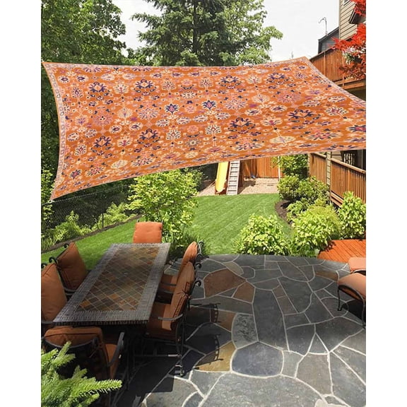 Boho Orange Sun Sail Shades Rectangle Canopy,Sunlight Block Heavy Duty Curved Backyard Shade Cover,Country Style Bohemian Floral Retro Tribal Waterproof Sun Shades for Patios Garden Pergola 8'x10'