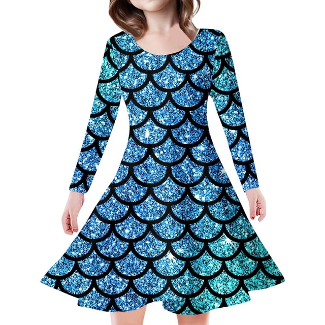 MIASHUI Robe Sirène Filles Enfants Manches Longues Robes de Vacances Étincelantes, Bleu Ciel, 4-5 Ans