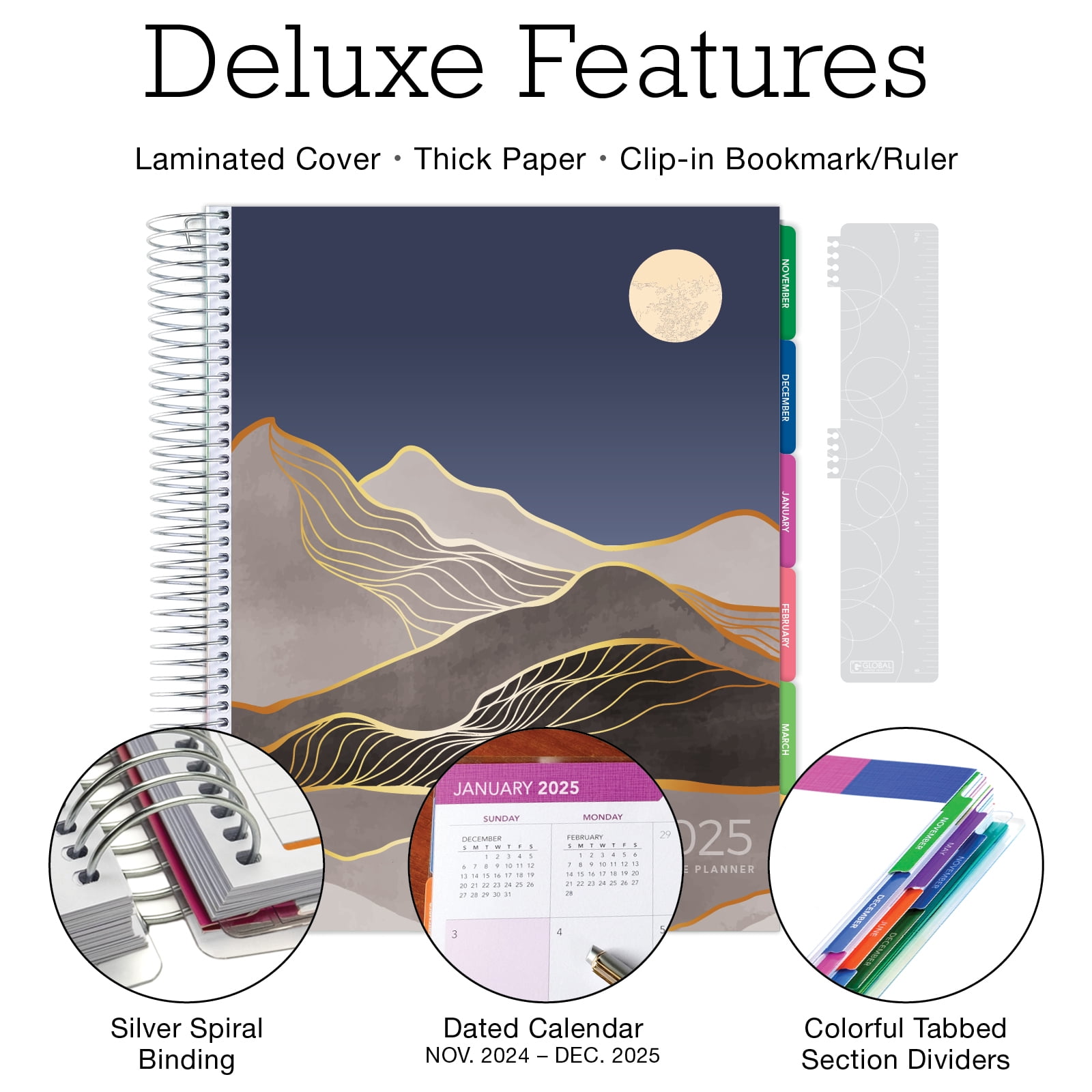 DELUXE 2025 Planner, 8.5"x11": 14 Months (November 2024 - December 2025), Includes Page Tabs, Bookmark, Planning Stickers, Pocket Folder Daily Weekly Monthly Planner Yearly Agenda (Golden Desert)