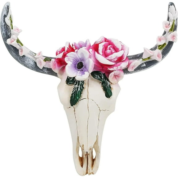 Resin Bull Cow Skull Head Wall Hanging Decor Succulent Flower Cow Skull Wall Decoration 3D Animal Sculpture Figurines Crafts Ornament Home Room Nordic Style Artwork Props 7.87inch