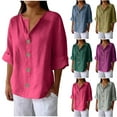 thumbnail image 2 of Bovxnpu 3/4 Length Sleeve Womens Tops, Business Dressy Casual Blouses for Women, Women's New Solid Color V-neck Quarter Loose Cotton And Linen Button Up Top S, 2 of 7