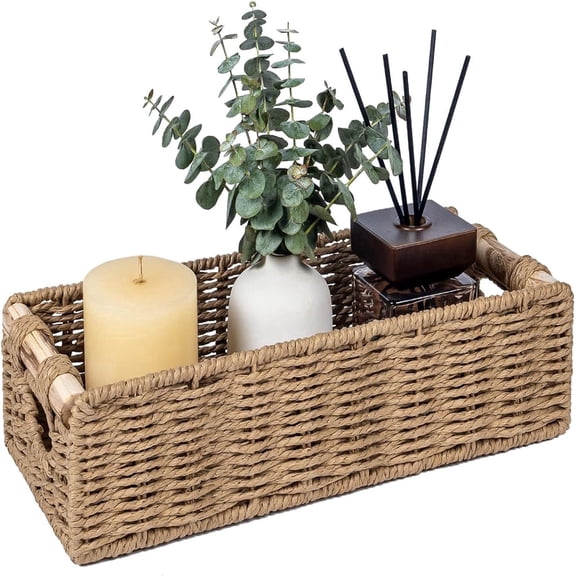 Back of Toilet Storage Basket, Handwoven Wicker Organizer with Handle, Bathroom Countertop Decor & Essentials Holder