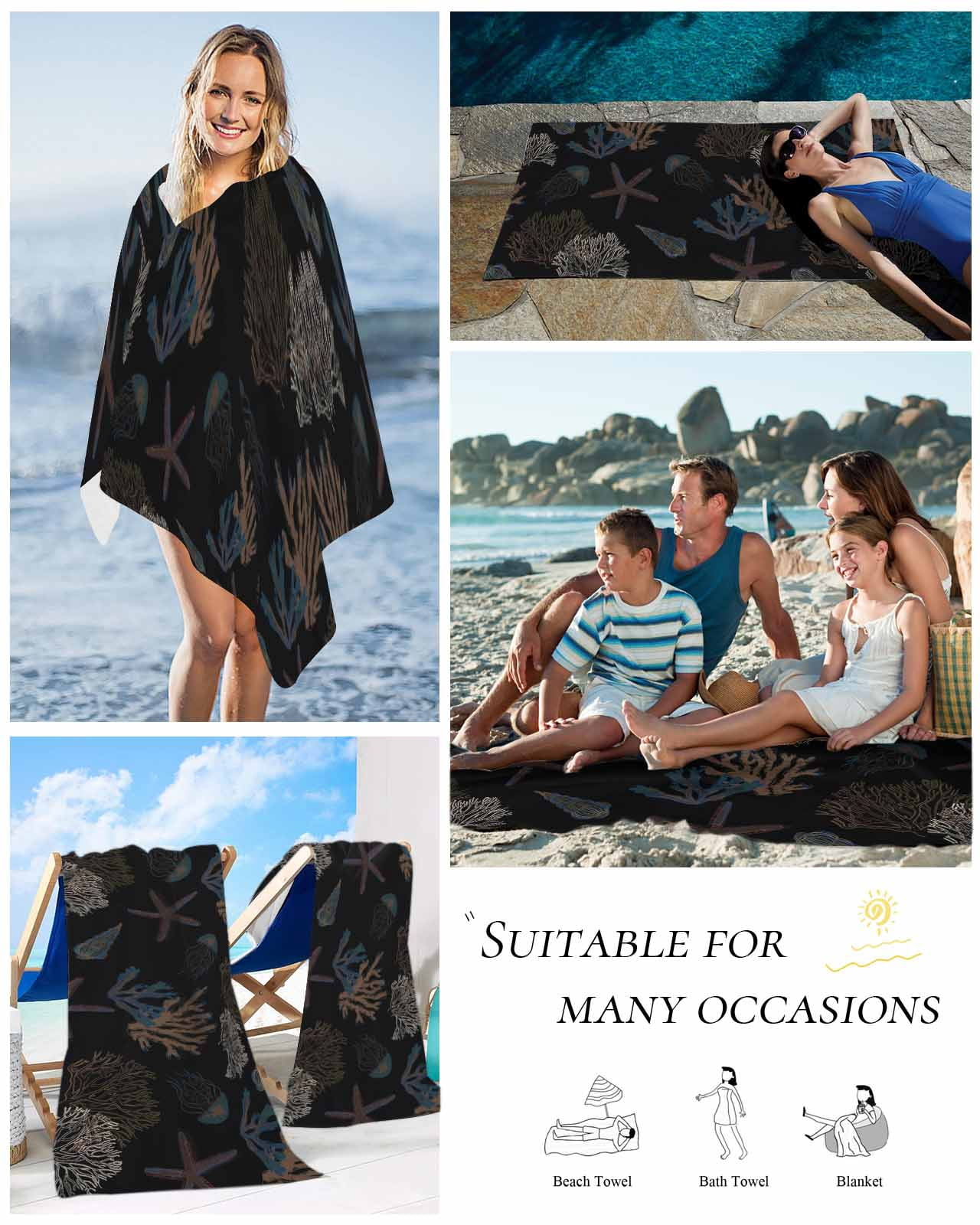 Black Coral Coastal Beach Towels Oversized Super Absorbent, Nautical Starfish Summer Beach Lightweight Bath Towel Quick Dry Sets For Bathroom/Pool/Rv Camping/Beach Play/Gym Room/Picnic 31"x62"