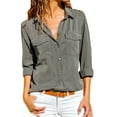 thumbnail image 1 of Women Casual Solid Long Sleeve Turn Down Collar Pockets Button Front Shirt Tops, 1 of 5