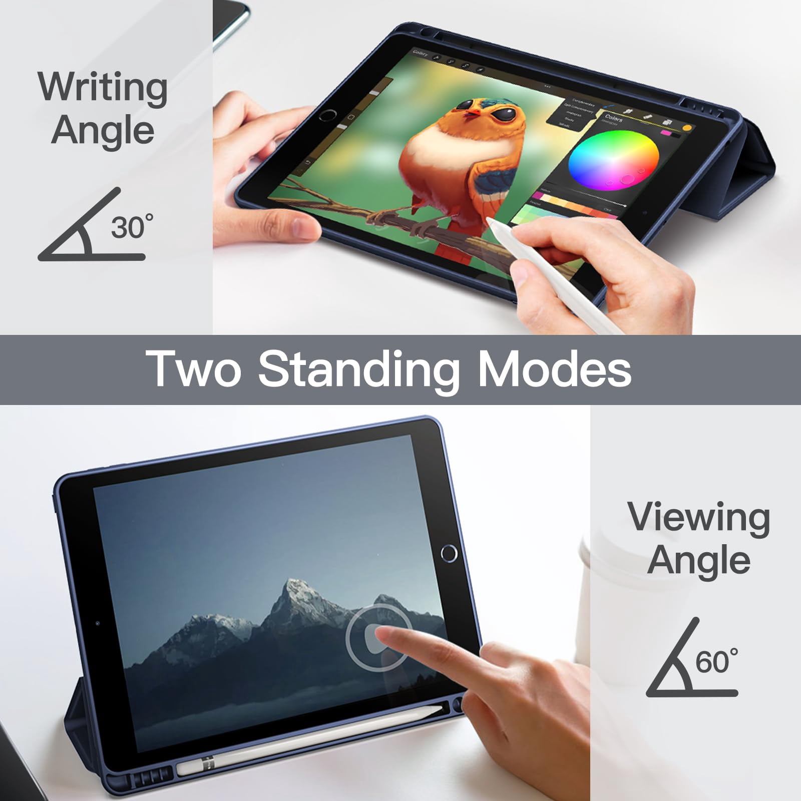JETech Matte Case for iPad 9/8/7 (10.2-Inch, 2021/2020/2019 Model, 9th/8th/7th Generation) with Pencil Holder, Frosted Translucent Back Slim Stand Protective Tablet Cover (Navy)