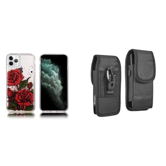 Liquid Glitter Case for iPhone 14 Pro Max and Belt Holster Pouch - Red Rose