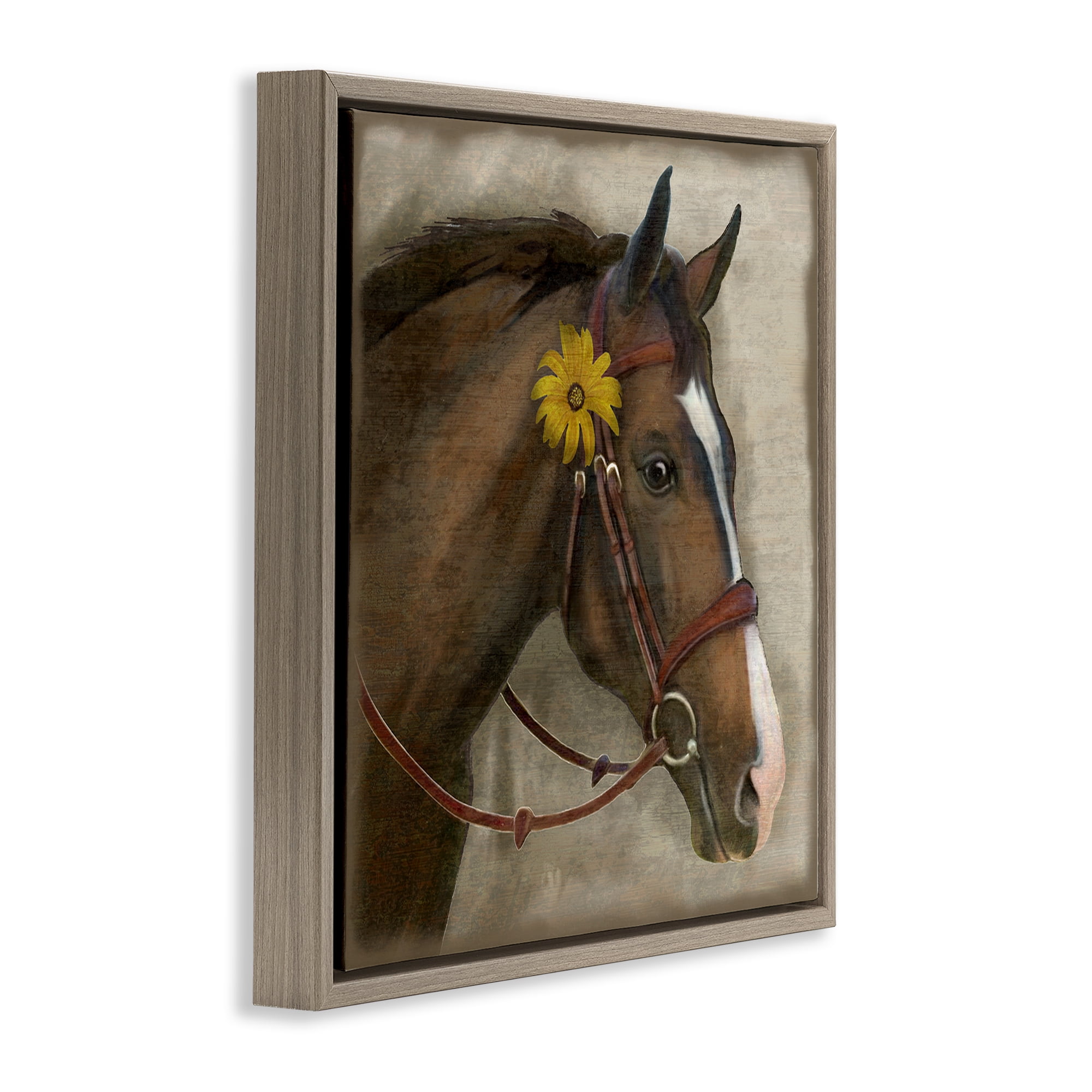 Stupell Industries Barnyard Horse with Daisy Brown Framed Floater Canvas Wall Art, design by Suzanne Nicoll