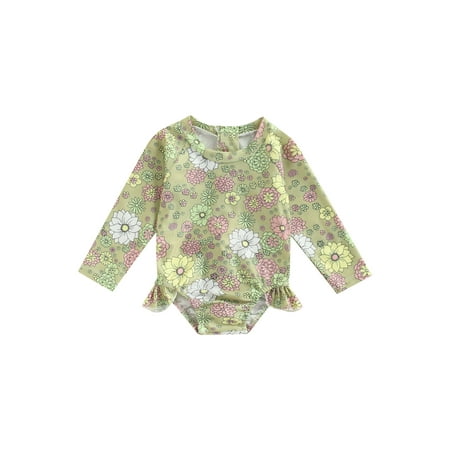 

ZIYIXIN Summer Infant Kids Girls Swimwear Ruffles Long Sleeve Flowers Printed Beachwear Bikini Set Cyan 2-3 Years