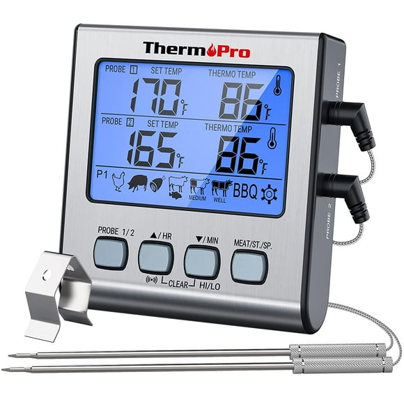 TP17 Digital Meat Thermometer with Dual Temperature Probe Large Backlight LCD Food Thermometer with Timer for Kitchen Oven BBQ Cooking Thermometer