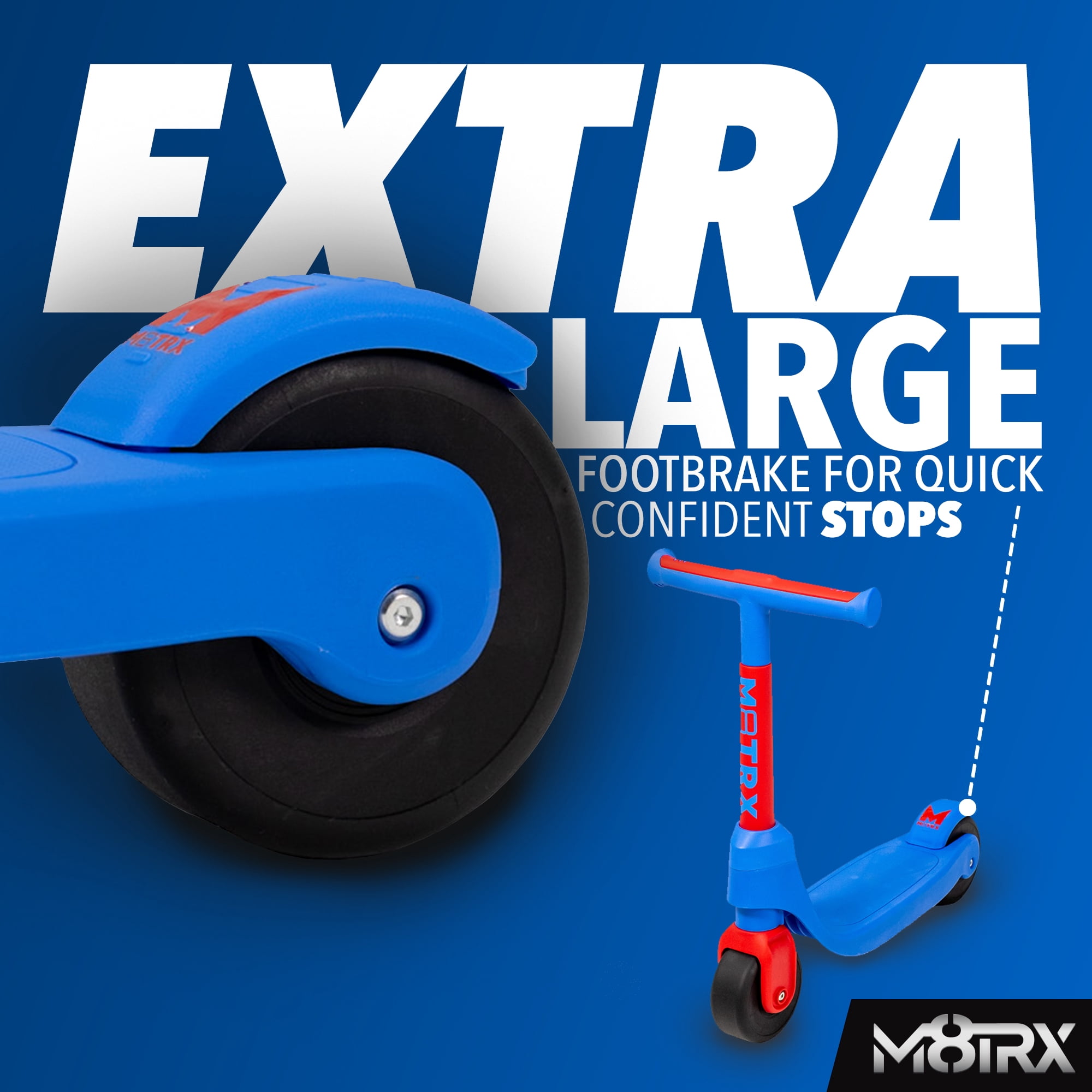 M8TRX SPORTS Two-Wheel Kick Scooter for Toddlers & Kids Ages 2-5 | Beginner Balance Scooter with Oversized Wheels, Anti-Slip Deck & Rear Foot Brake, Blue