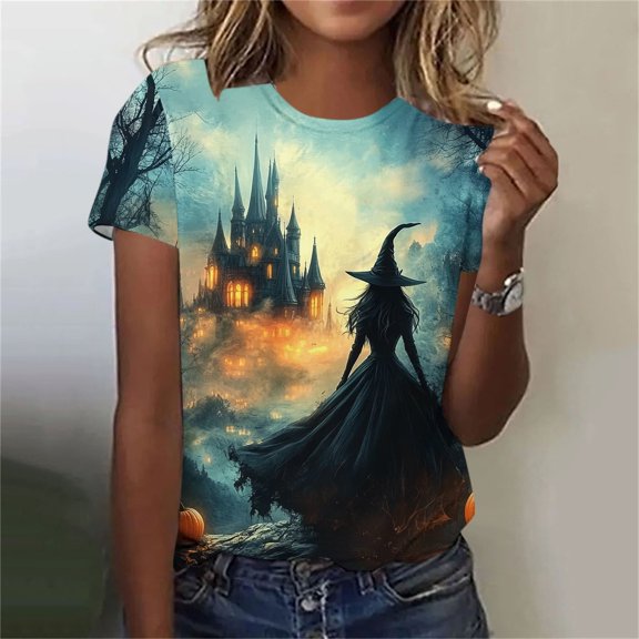 Women's Halloween Graphic T-Shirts Vintage Witch Castle Print Tees Crewneck Short Sleeve Casual Blouses Fall Holiday Festival Party Tops