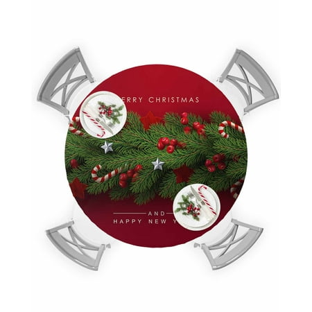 

Round Tablecloth with Elastic Merry Christmas and Happy Ner Year Xmas Pine Fir Tree Waterproof Table Cover Wipeable Fitted Table Cloths for 55 -60 Round Tables Dining Kitchen Indoor Outdoor Use