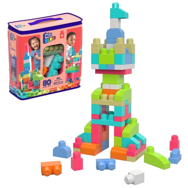 MEGA BLOKS First Builders Toddler Blocks Toys Set, Big Building Bag with 80 Pieces and Storage, Red, Ages 1+ Years