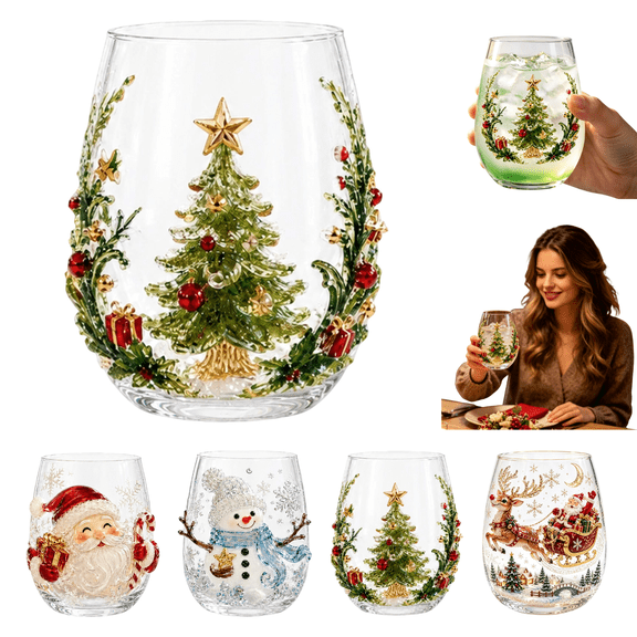 Christmas Glass Art Cup, Raised Holiday Glassware for Christmas Drinks with Santa Snowman Reindeer Design, Stemless Wine Glass for Coffee Tea Juice, Xmas Party Home Festive Decor Gift(Christmas Tree)