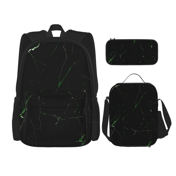 Disketp Black Marble Mochila Estampada de Gran Capacidad con Lonchera y Estuche, Set de 3 Piezas para Estudiantes