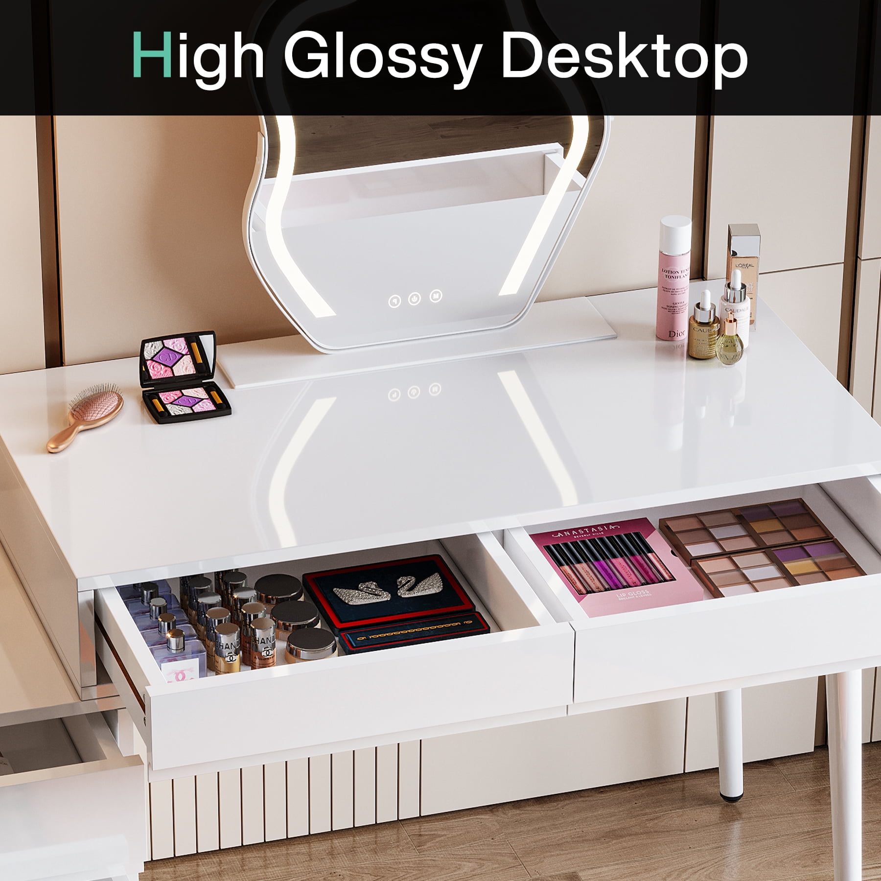 Tribesigns White Desk with Drawers, Modern Home Office Desk with Storage Drawers and Printer Stand, Reversible Computer Desk Vanity Desk for Bedroom, Living Room