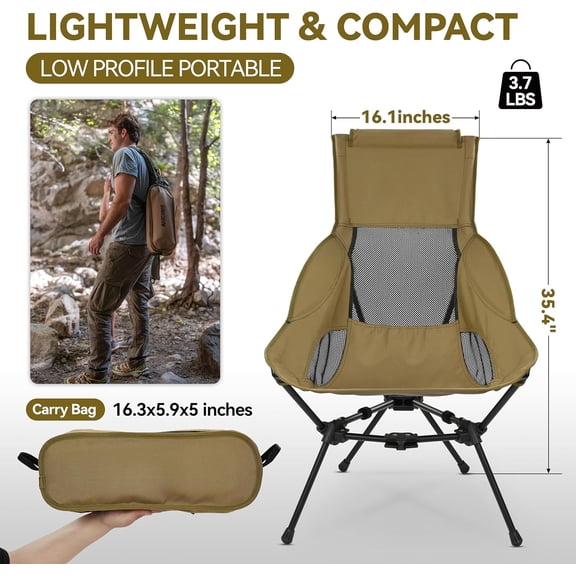 Portable High Back Folding Camping Chair with Headrest, Lightweight Compact Outdoor Chair for Hiking, Backpacking, Beach, Picnic & Travel, Stable Frame, Khaki