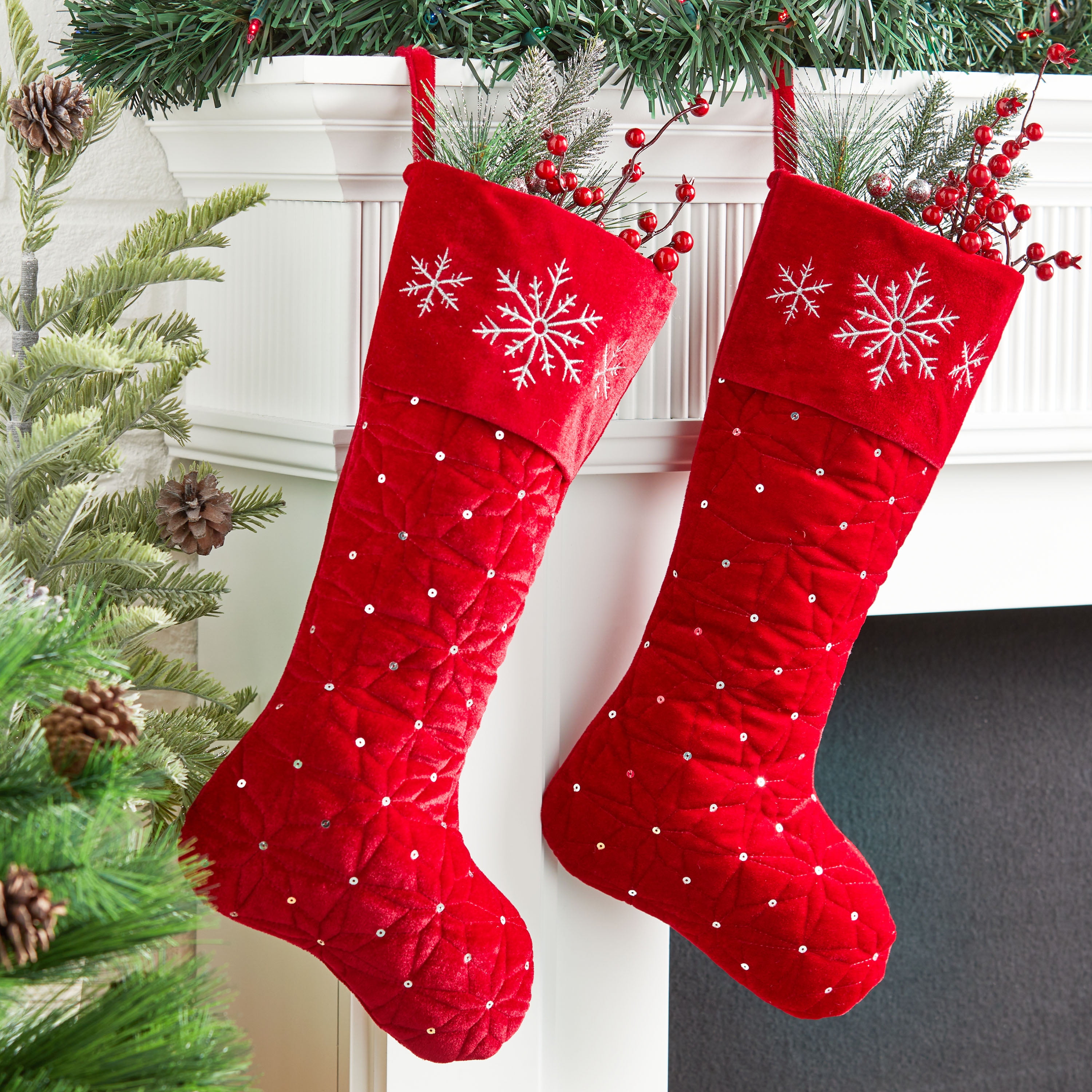 Holiday Time Red Quilted Velvet Christmas Stockings, 2 Count