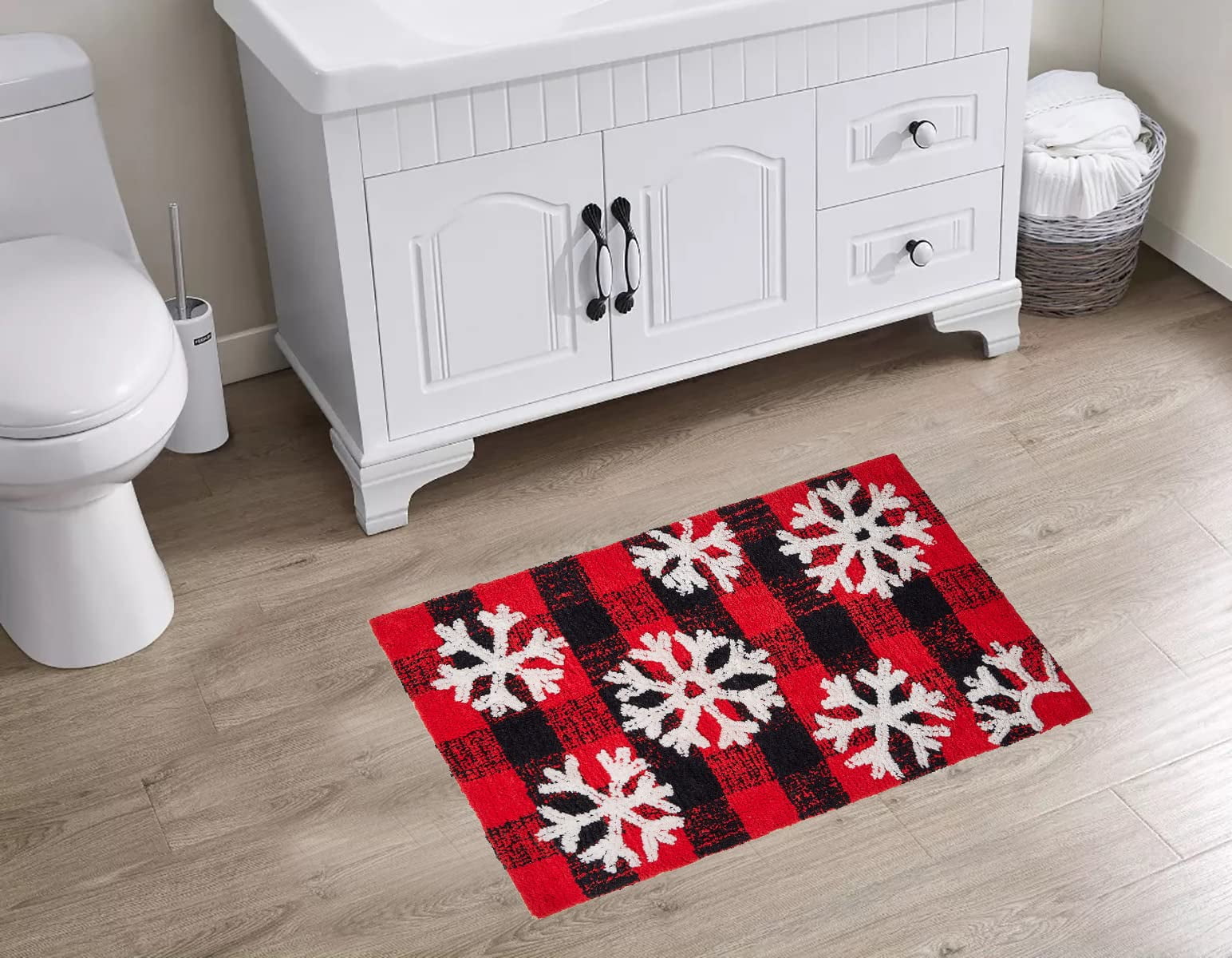 Gilbin Holiday Buffalo Plaid Snowflakes Red 100% Cotton Bath Rug, 20" x 30", Machine Washable