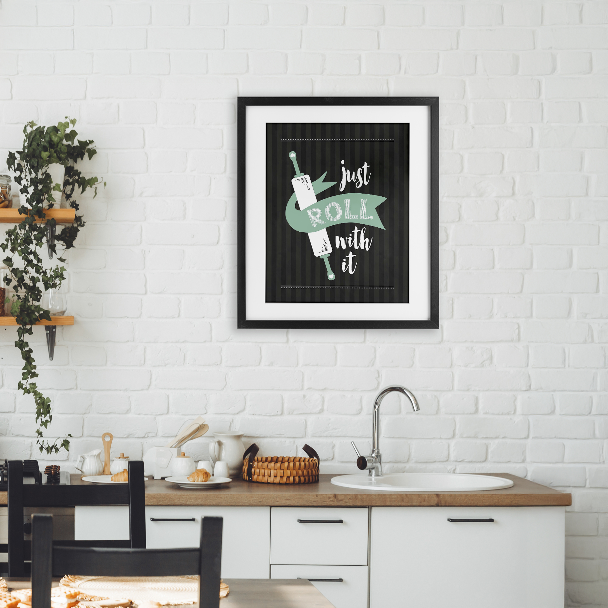 Roll With It Black & Green Black Framed Print Under Glass, design by Lettered and Lined