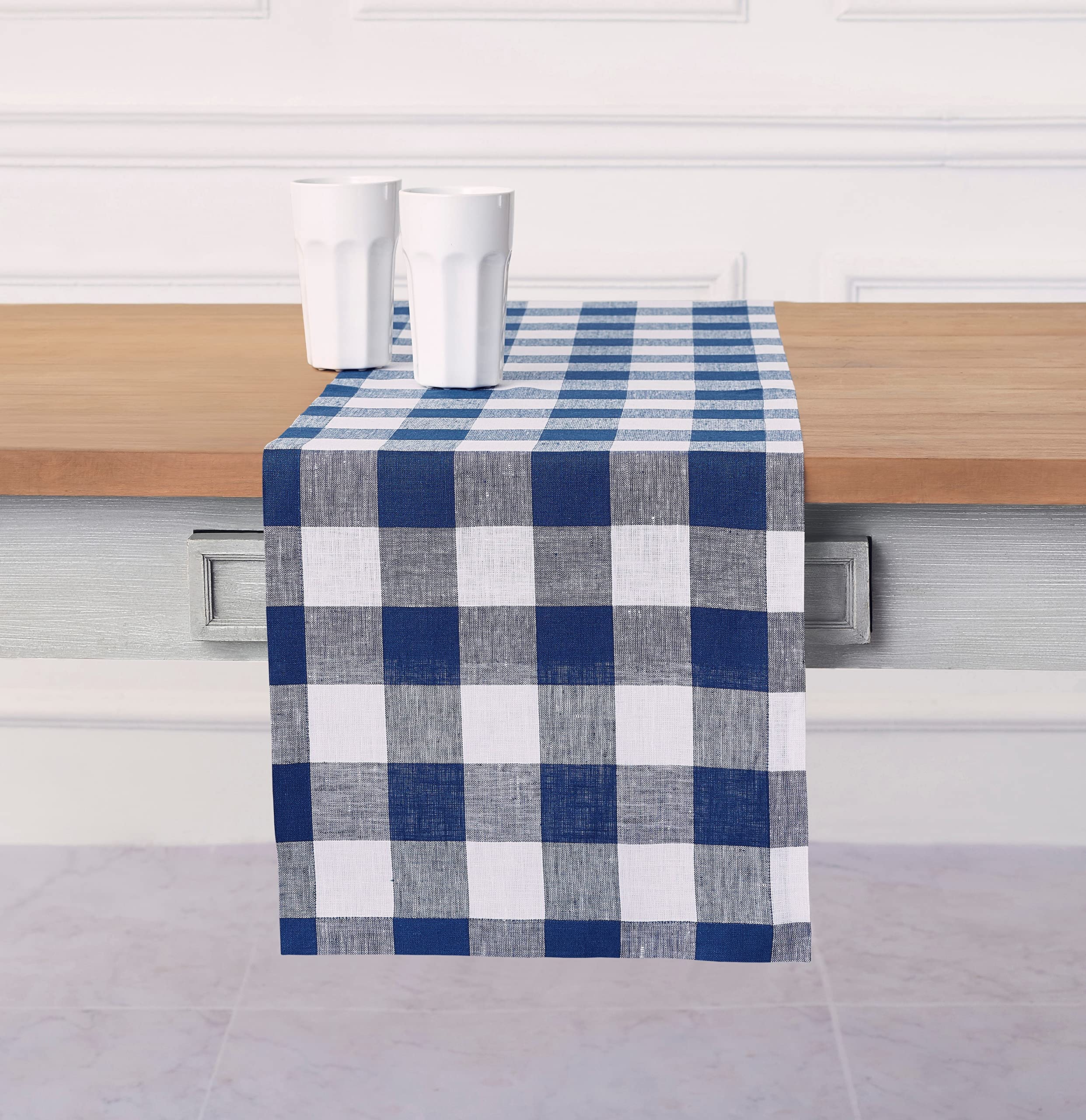 Linen Checkered Table Runner 108 Inches Long - 100% Pure Linen Blue and White Buffalo Check Table Runner 14 x 108 Inch Ideal for Dining