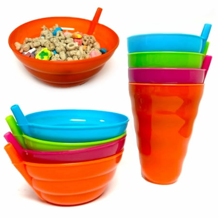 

8 Pc Set Cereal Sip-a-Bowls Sippy Cups Built In Straw Plastic BPA Free Soup Dish