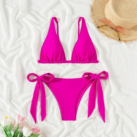 FULORRNIE Women s High-Waisted Retro Ruched Bikini Set with Push-Up Triangle Top and Adjustable Side Ties  Hot Pink  S