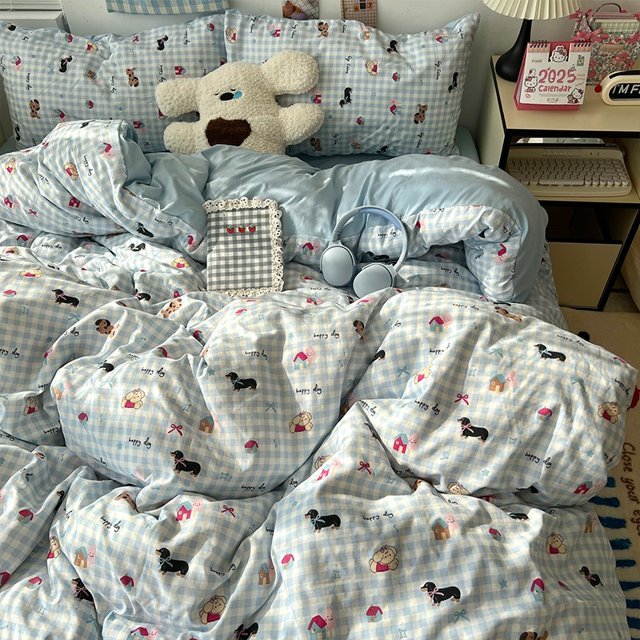 Double Print Waffle Cotton Bedding Set with Duvet Cover Pillowcases for Home