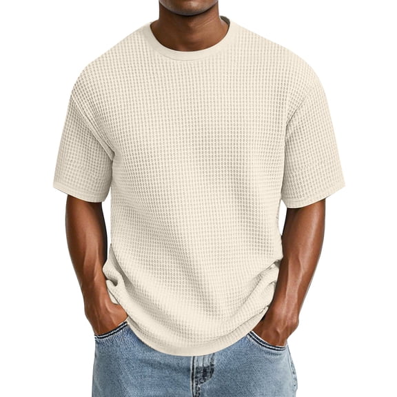 Men's Waffle Knit Short Sleeve Crewneck T-Shirt Lightweight Casual Tee Soft Textured Pullover Top for Daily Summer Fashion Beige L