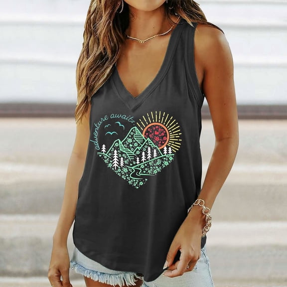 Fshinging Tank Tops for Women Casual Heart Graphic Summer Sleeveless V Neck Plus Size Outfits Black L