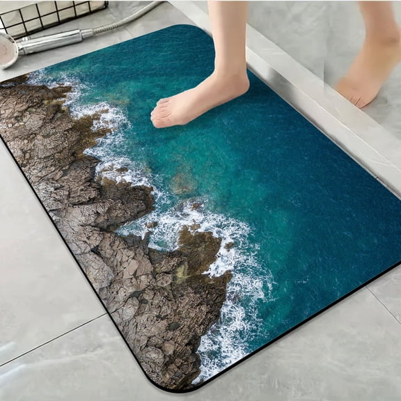 1pc Coastal Rock and Ocean View Bathroom Rug Bathroom Decor and Accessories- Durable,Anti Slip,And Quick Drying,Suitable For Indoor/outdoor Use - Perfect For Bathrooms,Bedrooms,Kitchens