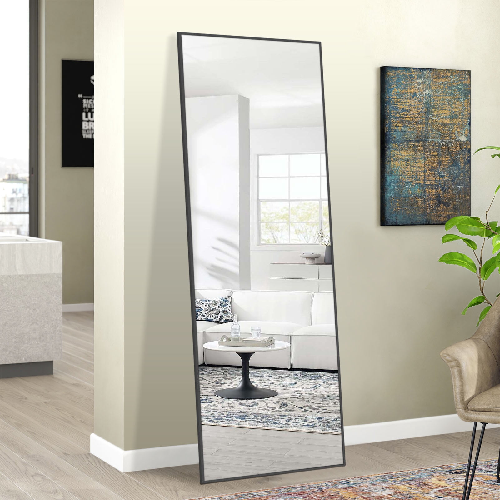 MAYEERTY 64"x21" Black Rectangular Bathroom Floor Mirror Full Length Large Long Wall Mounted Mirror