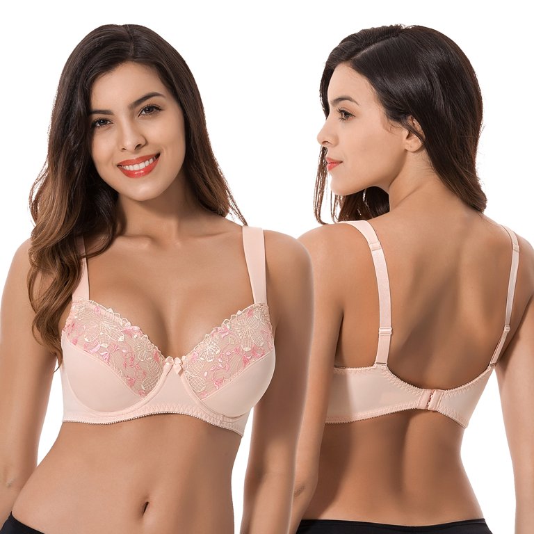 Curve Muse Plus Size Minimizer Underwire Bra with Embroidery Lace-3Pack