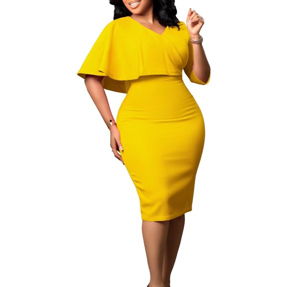 Women's V-Neck Short Ruffle Sleeve Wrap Dresses Cocktail Party Pencil Midi Dress