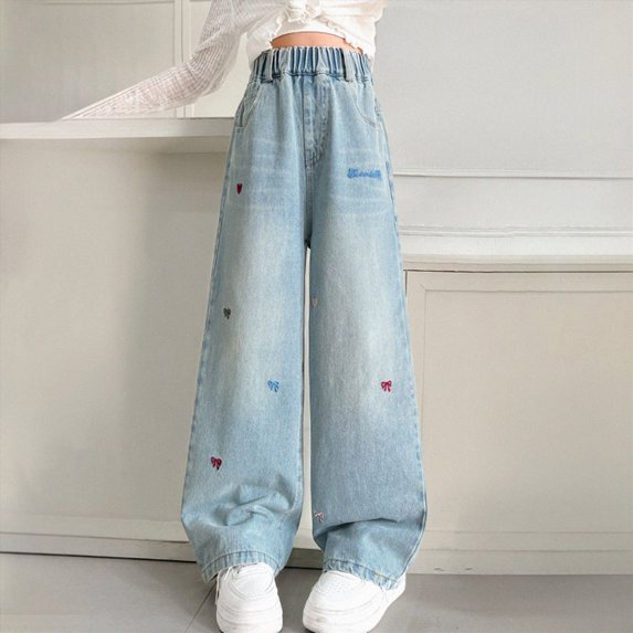 TOWED22 Girls Casual Straight Leg Jeans Denim Pants with Pockets Relaxed Fit Elastic Waist Blue,5-6 Y