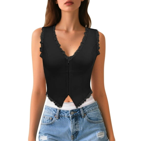Womens Camisole Lace Trimmed Slim Fit Button Front Tank Top Back Detail Solid Color Black L