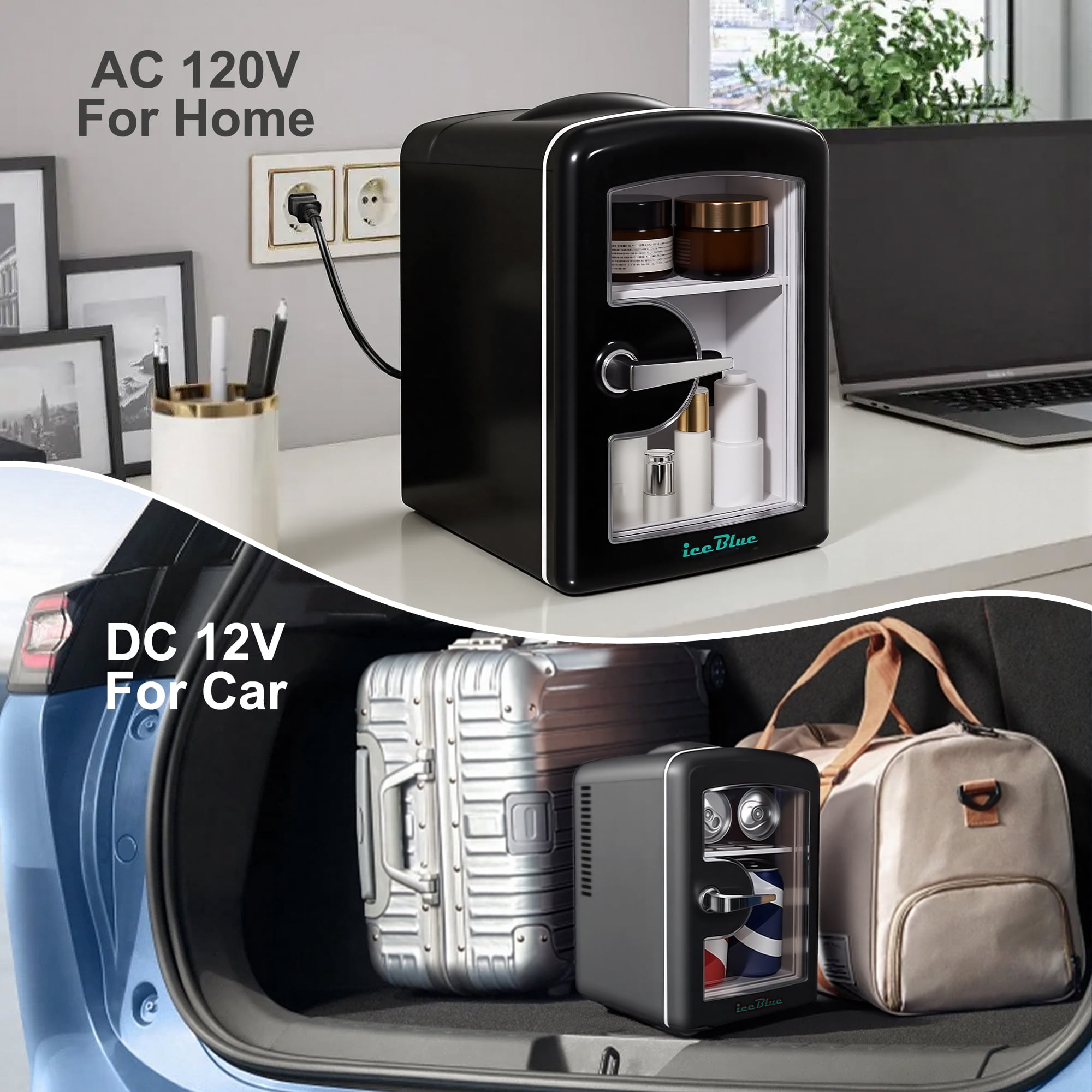 4L/6Can Mini Fridge，Portable Skincare Refrigerator with Transparent Window and Chrome Handle